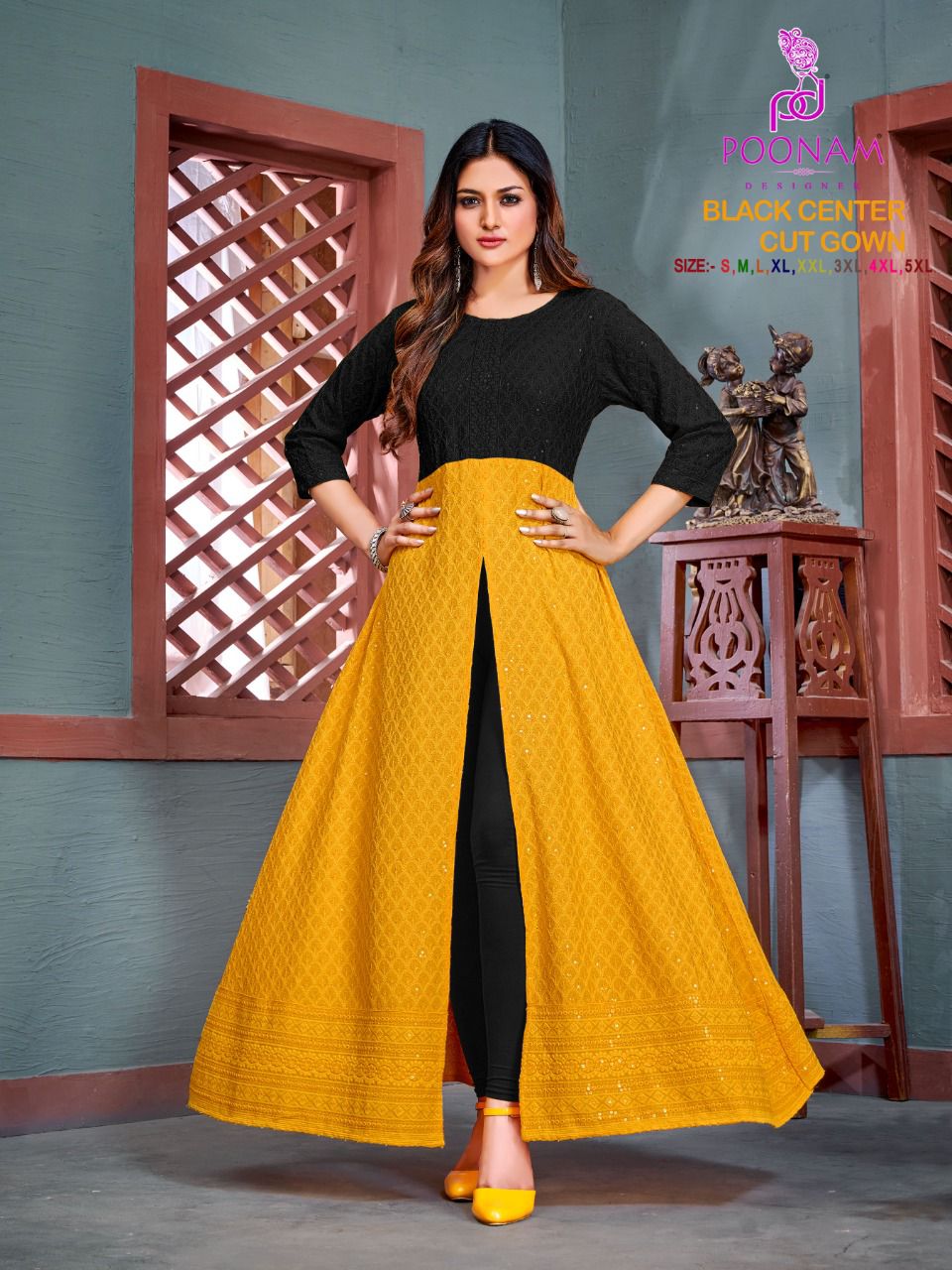 Poonam Black Center cut Gown Wholesale Designer Collection